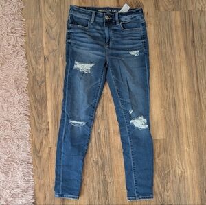 NWT American Eagle Outfitters Women's Dark Blue Ripped Skinny Jeans High Rise 29